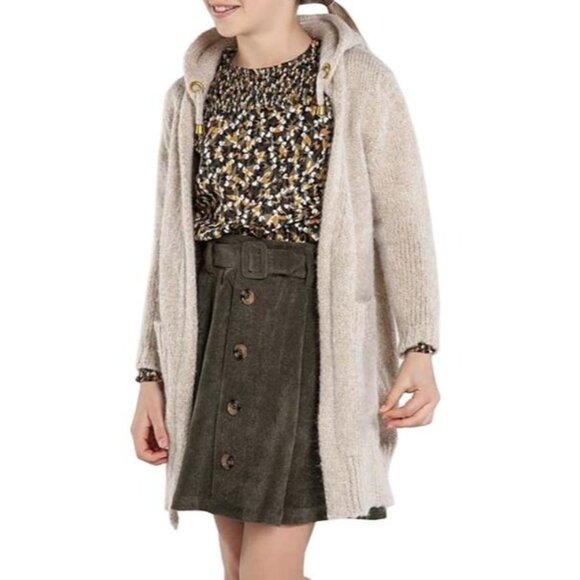 Size 10 Girls Mayoral Cream Long Wool Blend Hooded Cardigan Sweater Coat - Picture 3 of 12